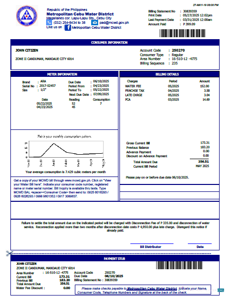 Philippines Metropolitan Cebu Water District utility bill template in Word and PDF formats, version 2
